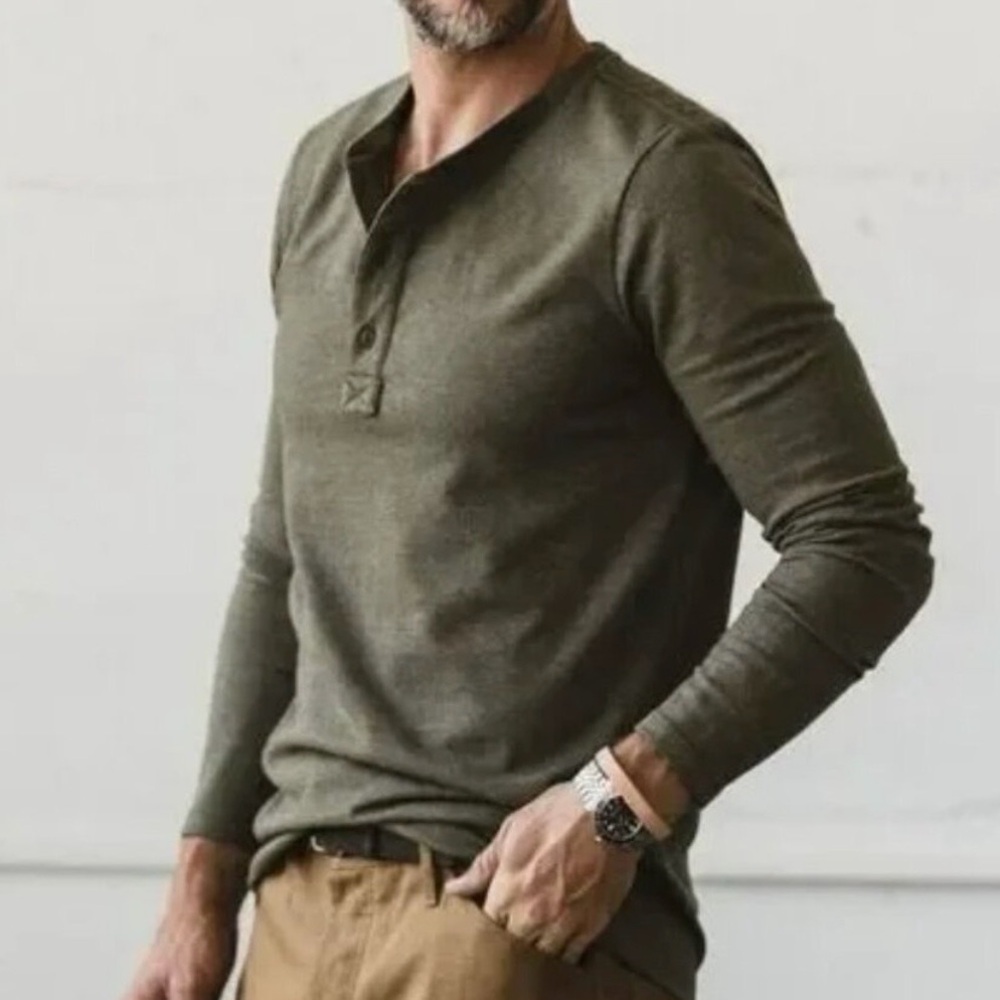 Taylor Stitch The Heavy Bag Henley Shirt Long Sleeve Pullover Olive Army Green